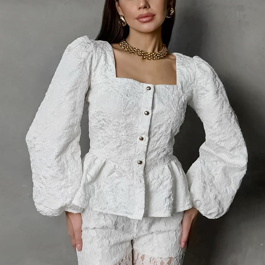 Damen Bluse mit Quadrat-Ausschnitt und strukturiertem Stoff Heidi-Mode