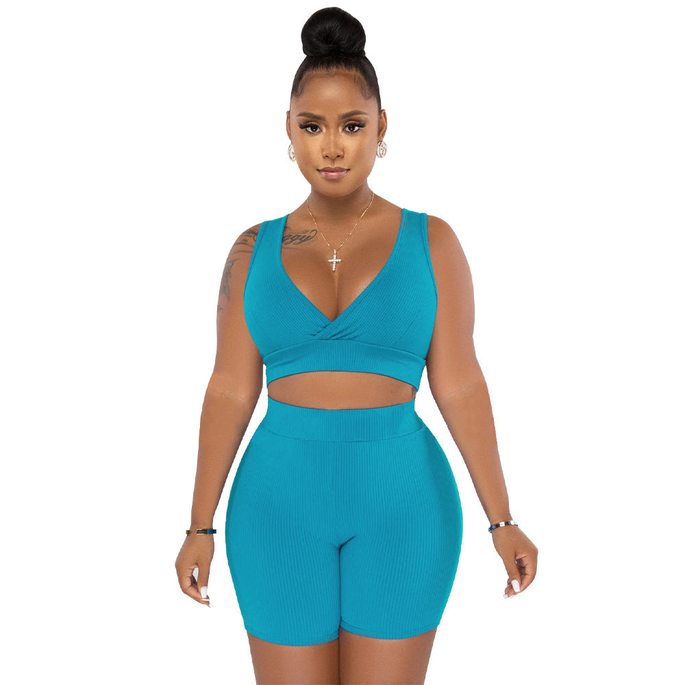 Damen Sportliches Set aus Cropped Oberteil und Radlerhosen mit Rippstruktur Heidi-Mode