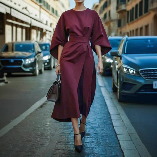 Damen Maxi-Kleid mit voluminösen Ärmeln und elegantem Gürtel Heidi-Mode