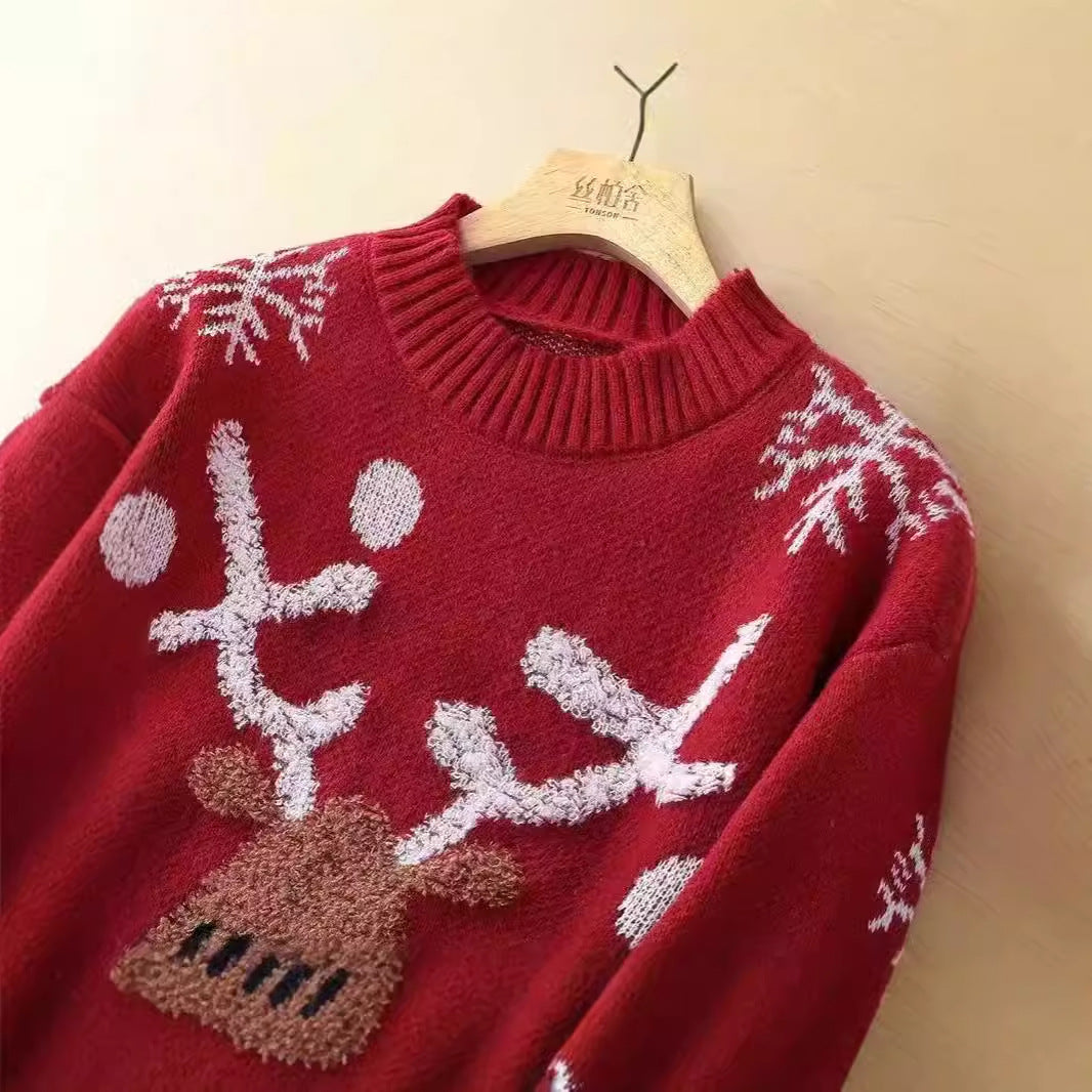 Damen festlicher Strickpullover mit Rentier-Motiv und Schneeflocken Heidi-Mode