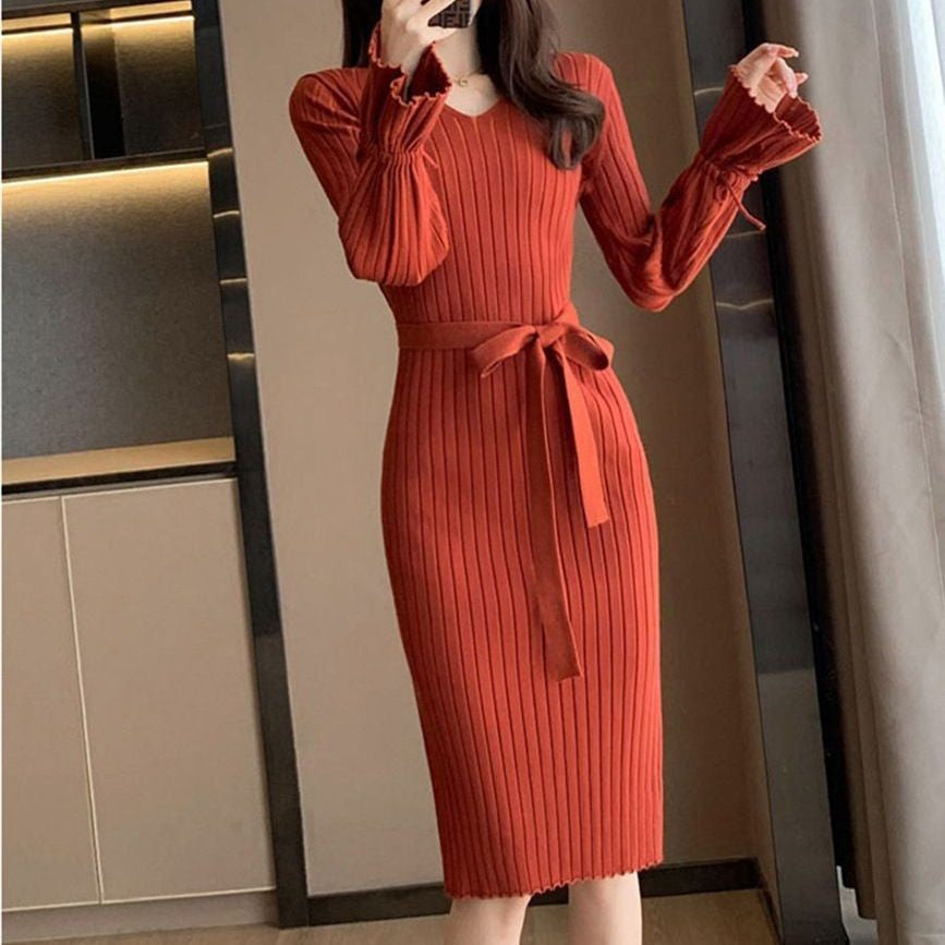 Damen Figurbetontes Maxikleid mit Bindegürtel und Rippstruktur Heidi-Mode