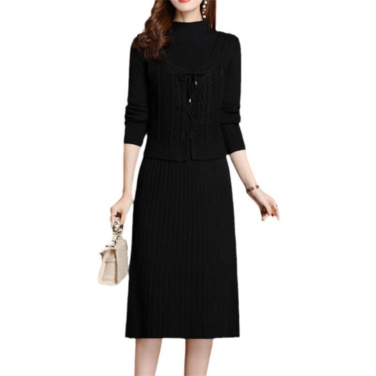 Damen elegantes Strickkleid mit hochgeschlossenem Kragen und dekorativem Zopfdesign Heidi-Mode
