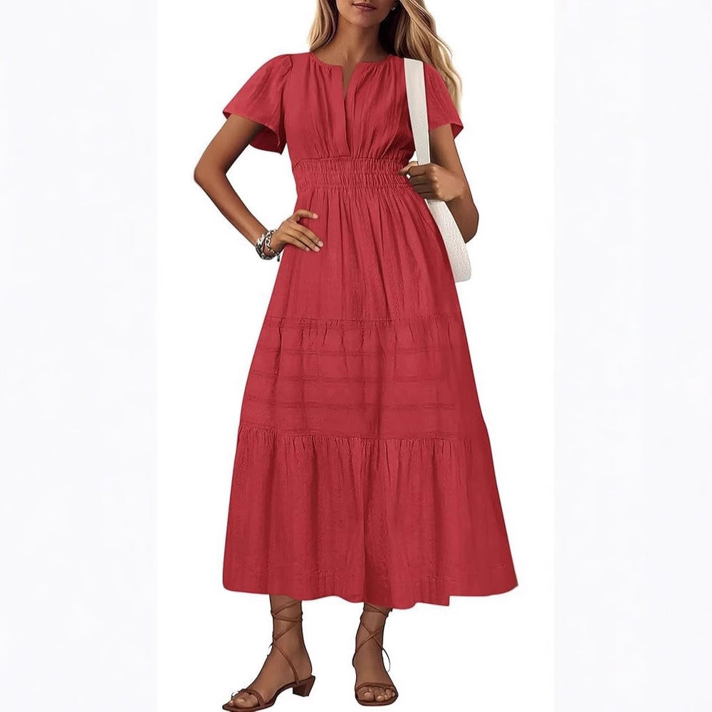 Damen Maxikleid mit modischem V-Ausschnitt und luftigen Rüschen Heidi-Mode