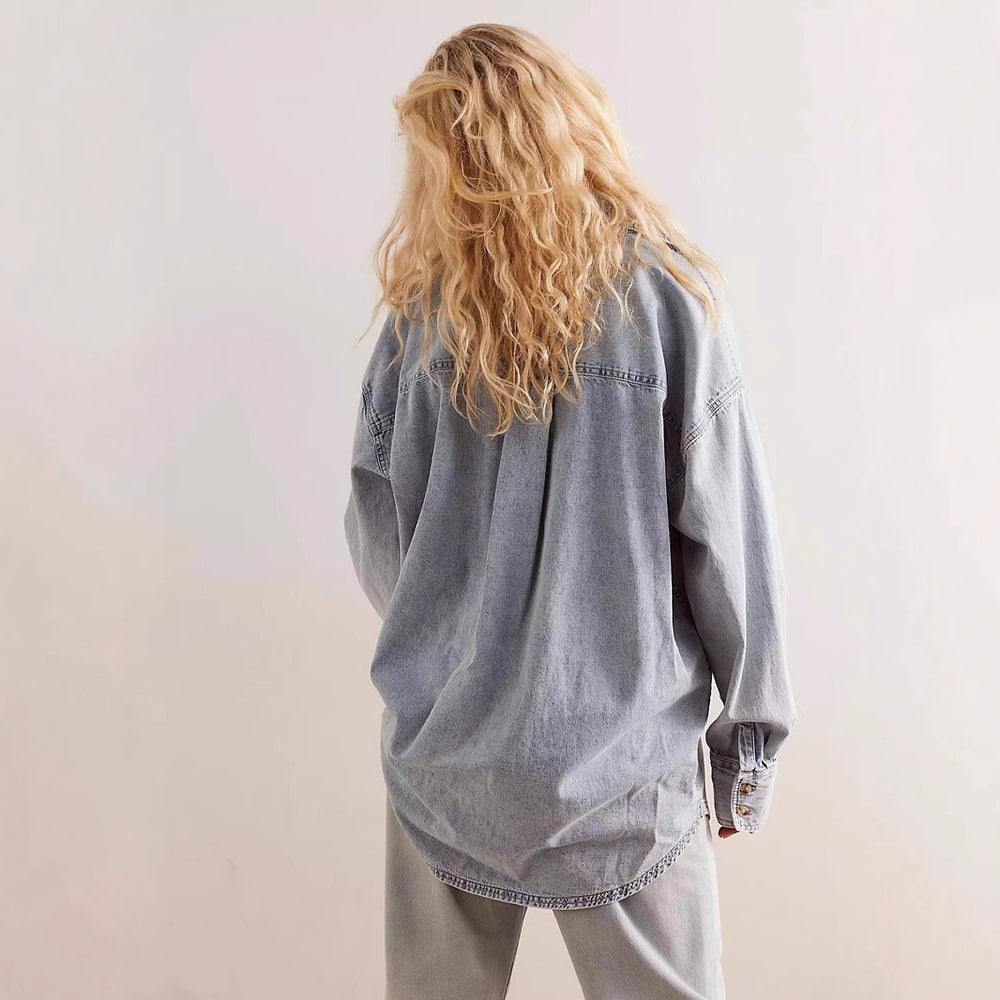 Damen Oversized Jeanshemd mit aufgesetzten Taschen Heidi-Mode