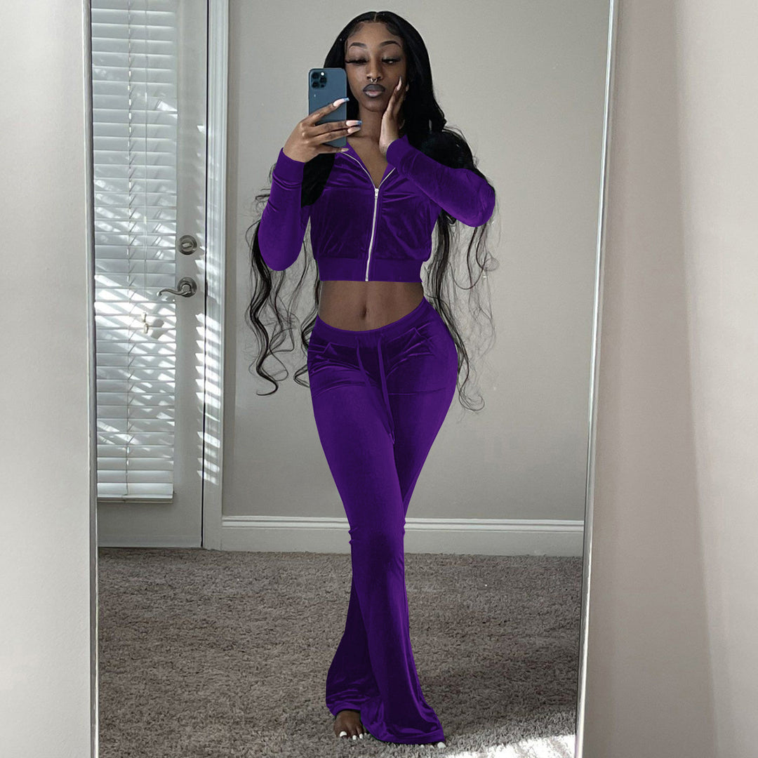 Damen Komfortables Lounge-Set aus weichem Veloursstoff mit Zip-Oberteil und weitem Bein Heidi-Mode