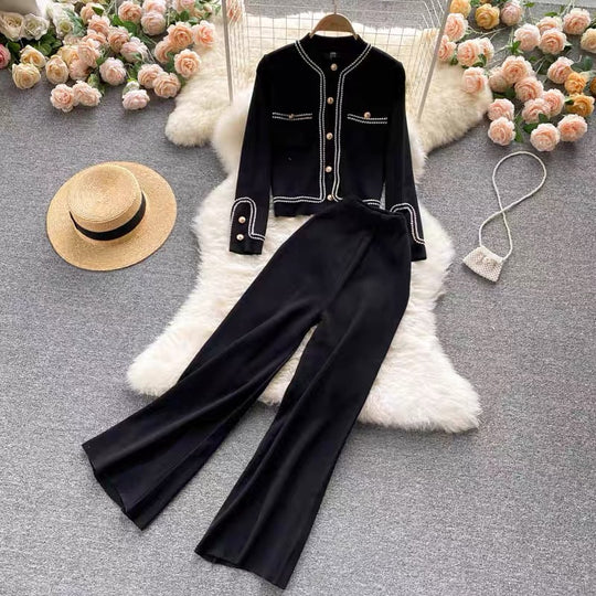 Damen elegantes Strick-Loungewear-Set mit feinen Knopfdetails und weitem Bein Heidi-Mode