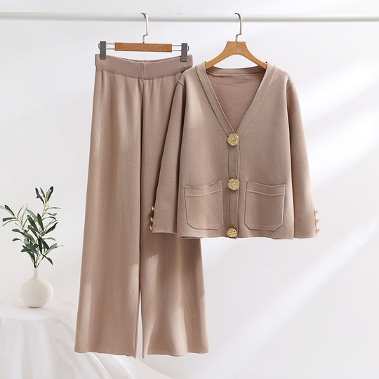 Damen elegantes Strick-Loungewear-Set mit weiten Bein und schönen Knöpfen Heidi-Mode
