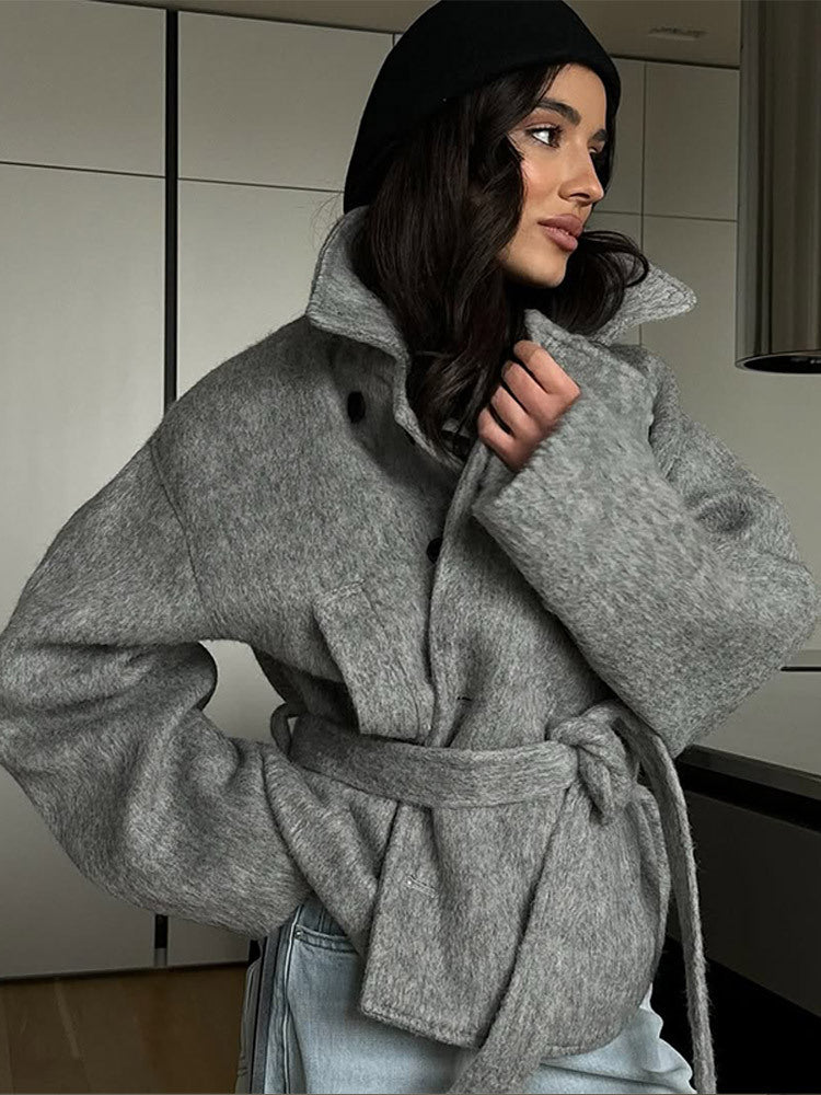 Damen elegante Oversized-Wolljacke mit Gürtel Heidi-Mode