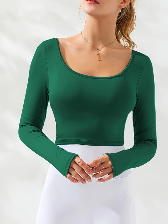 Damen figurbetontes Langarmoberteil mit Rundhalsausschnitt und Daumenlöchern Heidi-Mode