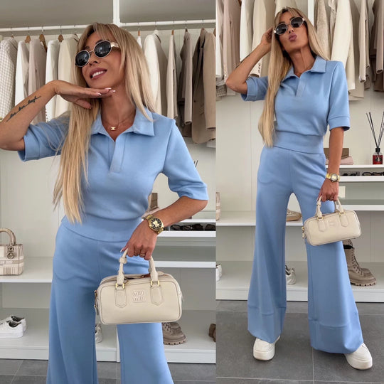 Damen Elegantes Freizeit-Loungewear-Set mit modischem Polo-Oberteil und weit geschnittenen Hosen Heidi-Mode