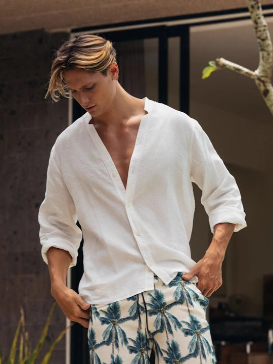 Herren lässige Leinenbluse mit durchgehendem Knopfverschluss Heidi-Mode