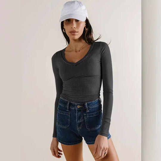 Damen Langarmshirt mit V-Ausschnitt und Rippstruktur Heidi-Mode