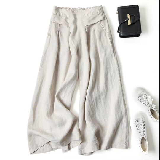 Damen Weit geschnittene Leinenhose mit hohem Bund und eleganten Falten Heidi-Mode