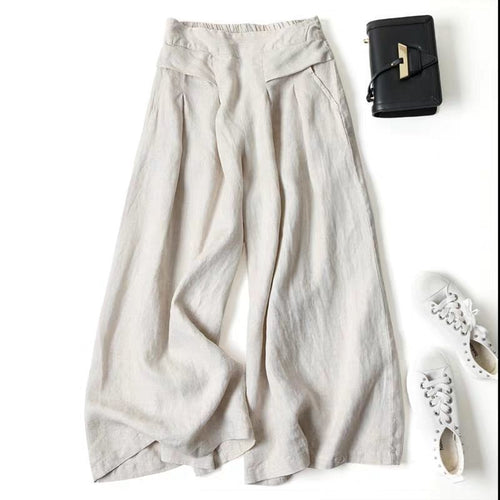 Damen Weit geschnittene Leinenhose mit hohem Bund und eleganten Falten Heidi-Mode