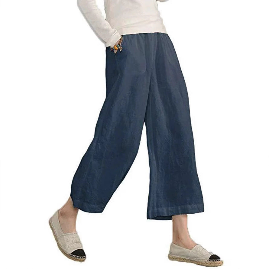 Damen weite Leinenhose mit seitlichen Taschen und elastischem Bund Heidi-Mode