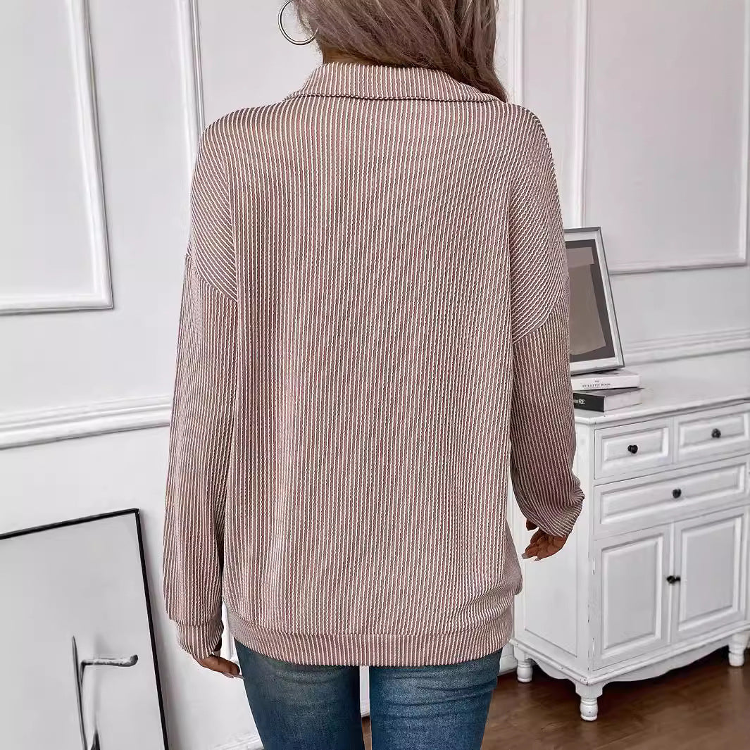 Damen lässiger Pullover mit Reißverschluss und gestreiftem Design Heidi-Mode