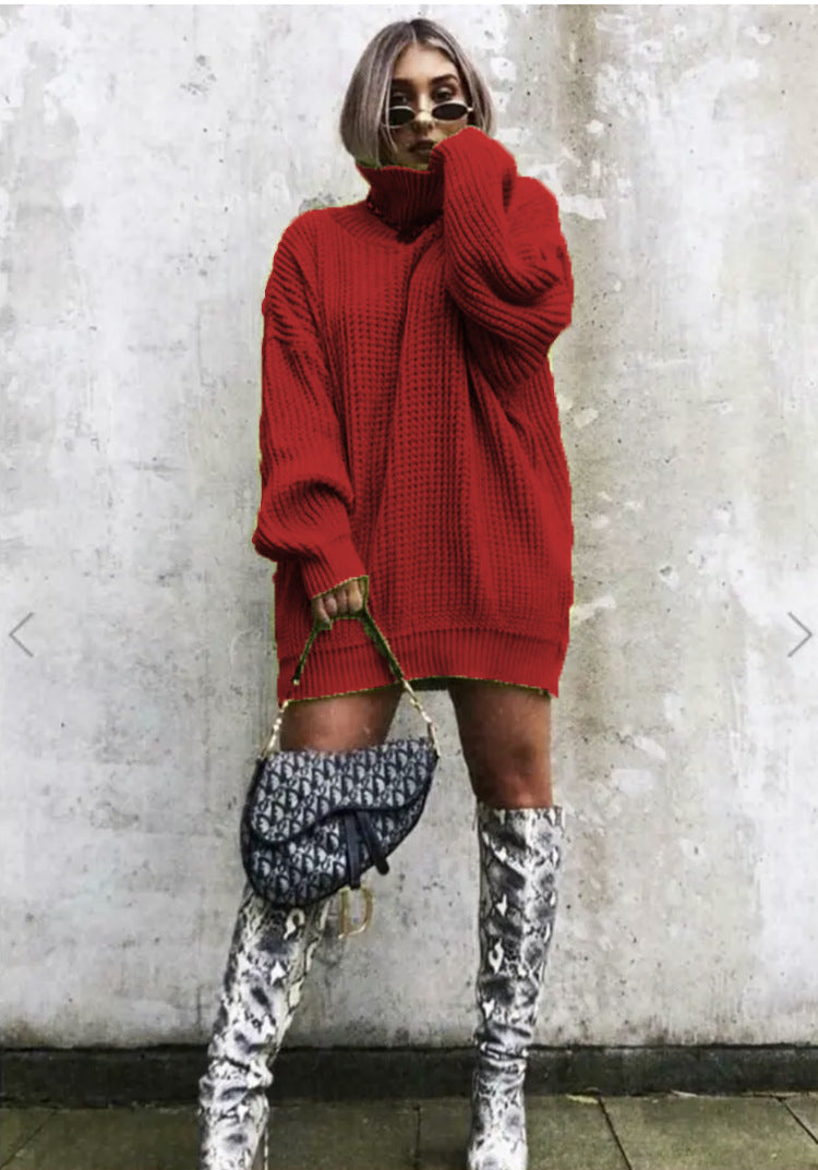 Damen Oversized Strickpullover mit hohem Kragen und Waffelmuster Heidi-Mode