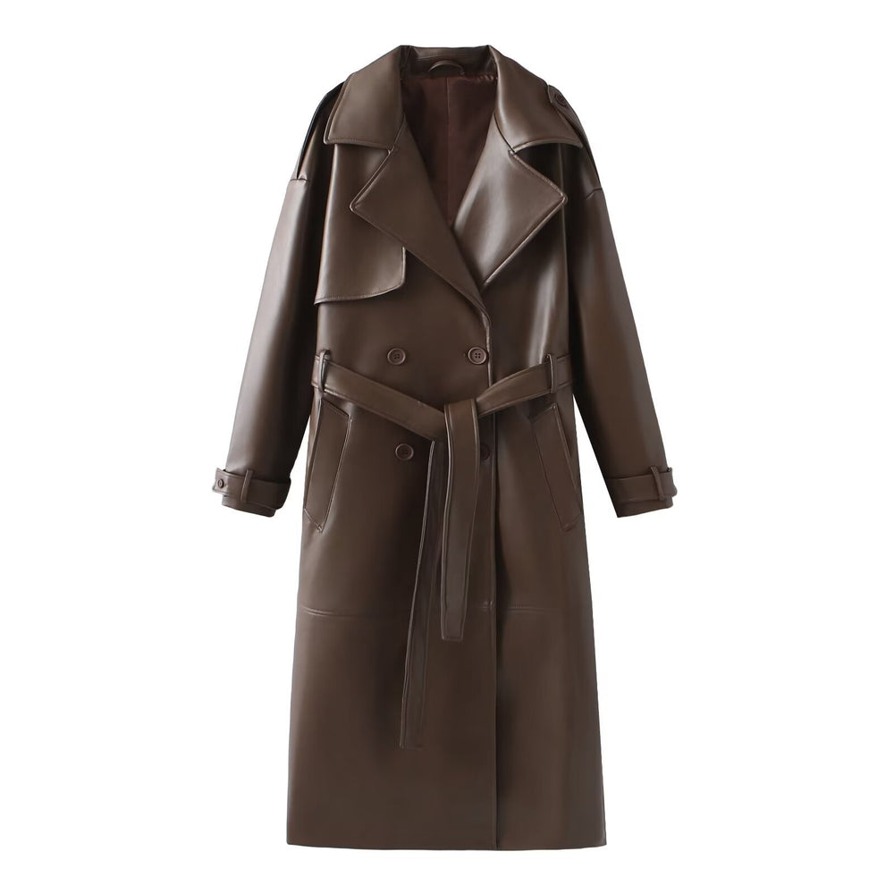 Damen Kunstleder-Trenchcoat mit elegantem Schnitt und taillierbarem Gürtel Heidi-Mode