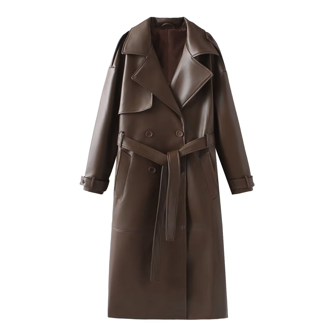Damen Kunstleder-Trenchcoat mit elegantem Schnitt und taillierbarem Gürtel Heidi-Mode
