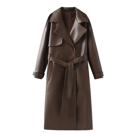 Damen Kunstleder-Trenchcoat mit elegantem Schnitt und taillierbarem Gürtel Heidi-Mode