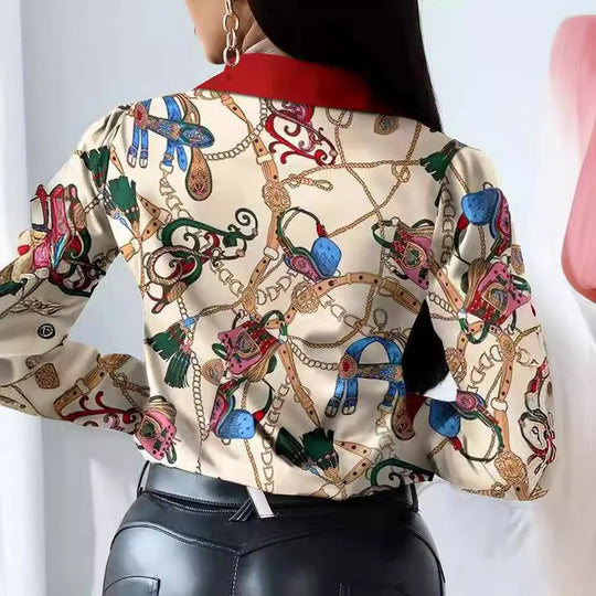 Damen elegante Bluse mit künstlerischem Druck und dekorativen Akzenten Heidi-Mode