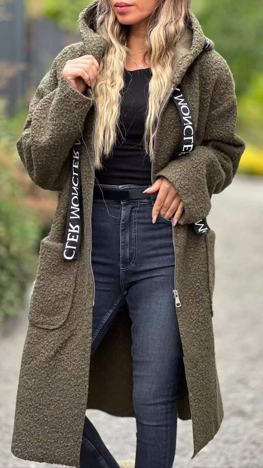 Damen Modischer Oversized-Fleece-Mantel mit praktischen Taschen und Kapuze Heidi-Mode