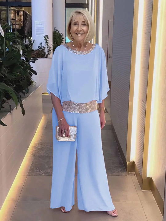 Damen Eleganter Jumpsuit mit schimmerndem Oberteil und weitem Bein Heidi-Mode