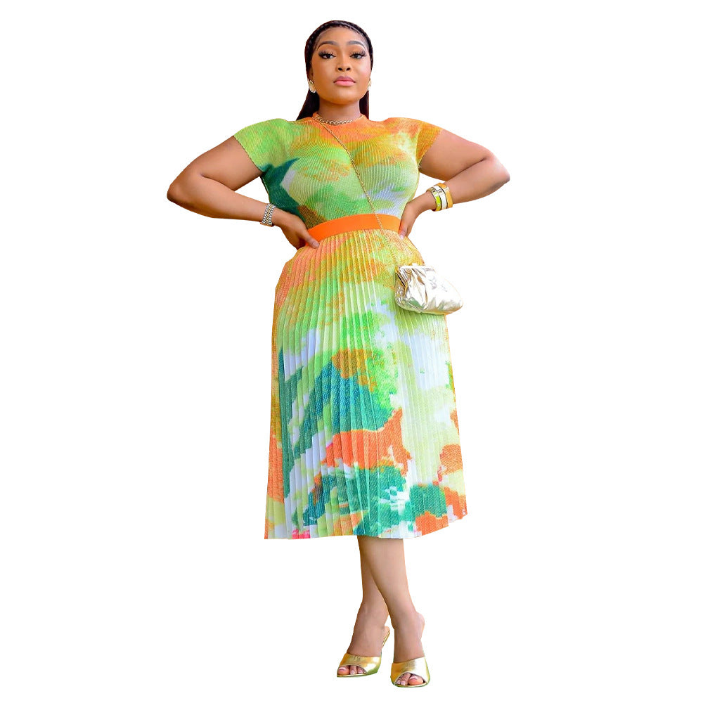 Damen Plissee-Kleid mit hohem Taillenbund und elegantem Farbharmoniedesign Heidi-Mode