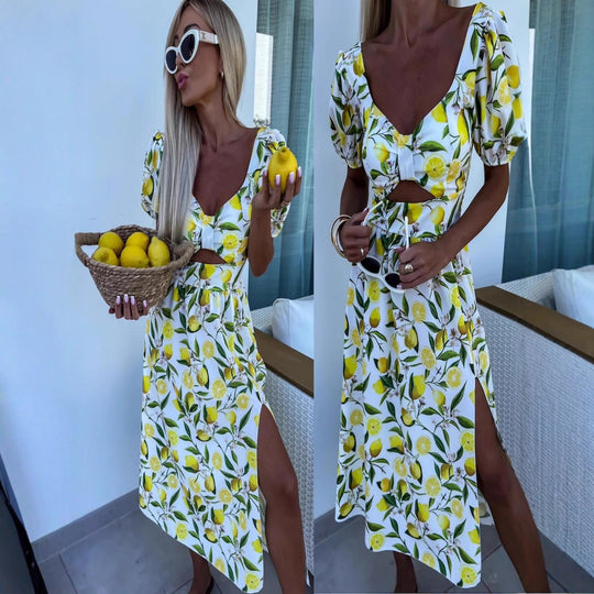 Damen Maxi Kleid mit Fruchtmotiv und Cut-Out-Details Heidi-Mode