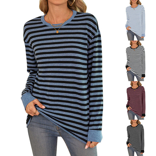 Damen bequemes Langarmshirt mit gestreiftem Design und Rundhalsausschnitt Heidi-Mode