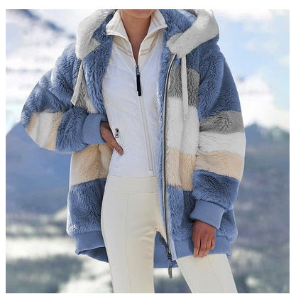 Damen Modische und warme Fleecejacke mit Kapuze und blockartigem Design Heidi-Mode