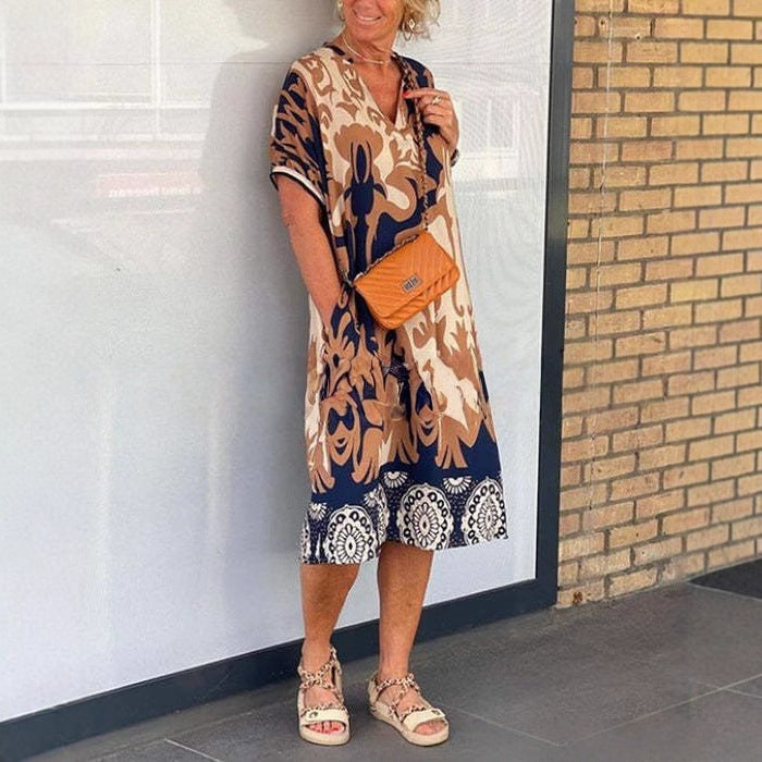 Damen Luftiges Freizeitkleid mit V-Ausschnitt und praktischen Taschen Heidi-Mode