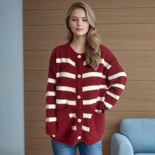 Damen Strickjacke mit dekorativen Knopfdetails und modischem Streifenmuster Heidi-Mode