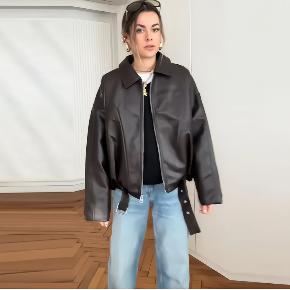 Damen Oversized Kunstlederjacke mit großzügigem Schnitt und modischen Details Heidi-Mode