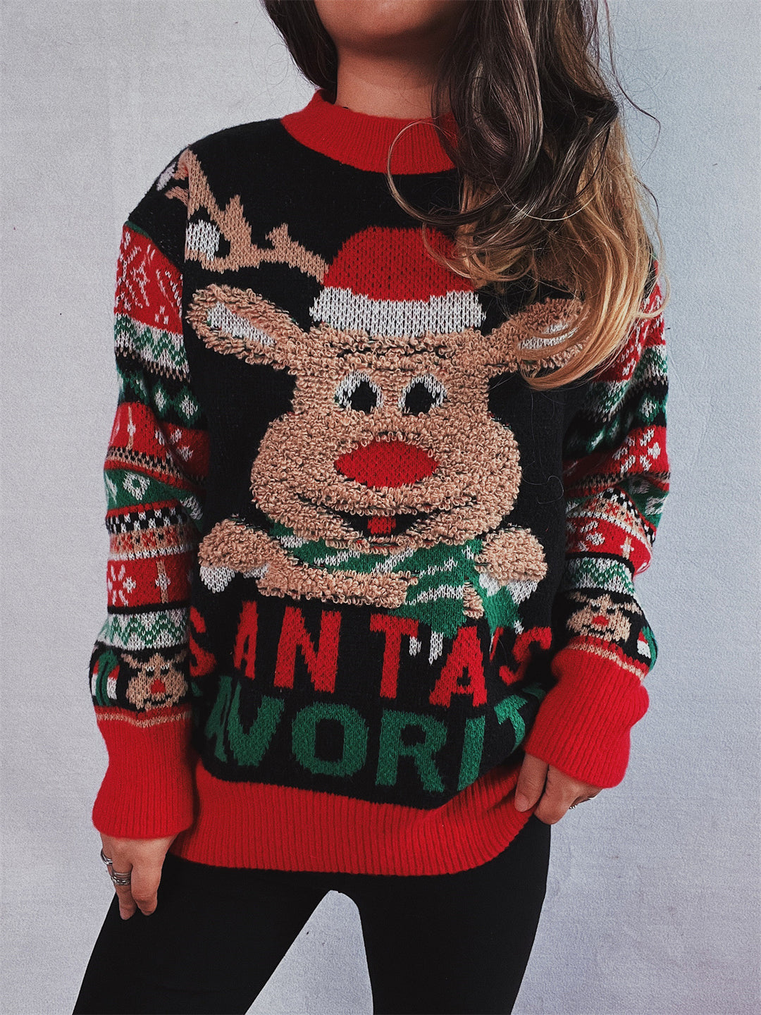 Damen Weihnachts-Pullover mit festlichem Rentier-Motiv und bunten Mustern Heidi-Mode