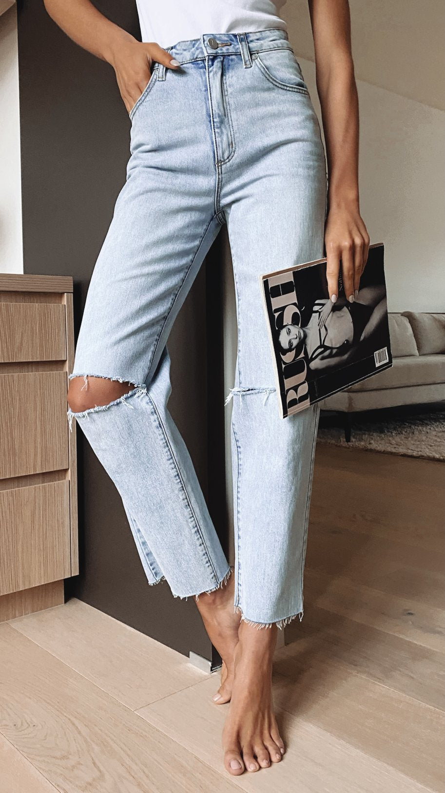 Damen Ripped Jeans im lässigen High-Waist-Schnitt mit fransigen Säumen Heidi-Mode