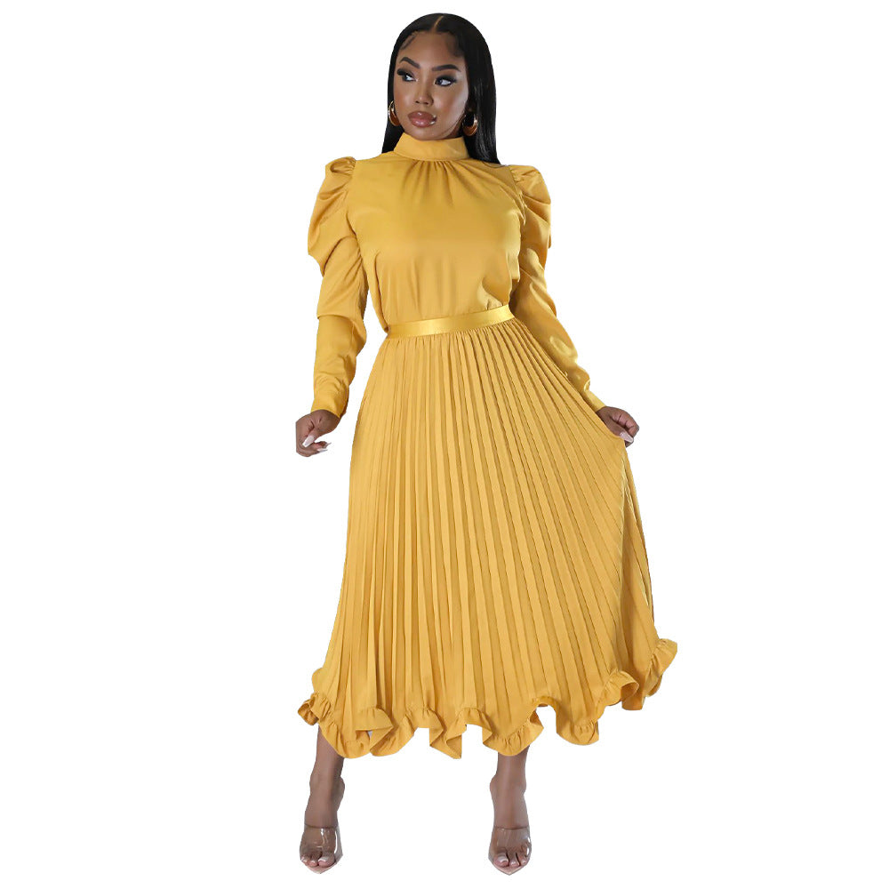 Damen elegantes Plissee-Kleid mit hochgeschlossenem Kragen und Volants Heidi-Mode