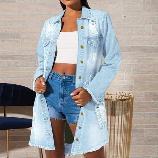Heidi-Mode | Lange Zerrissene Jeansjacke mit Camouflage-Muster