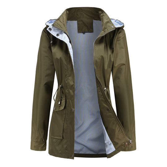 Damen Wetterfeste Regenjacke mit verstellbarem Kapuzenkragen und Taillenzug Heidi-Mode