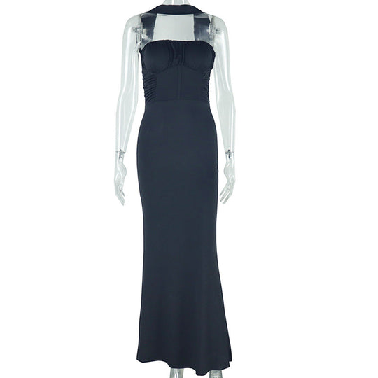 Heidi-Mode | Damen Kleidung Einfarbig Kleid Tube für Oben Halter Kalt Schulter Ärmellos Maxi Kleid