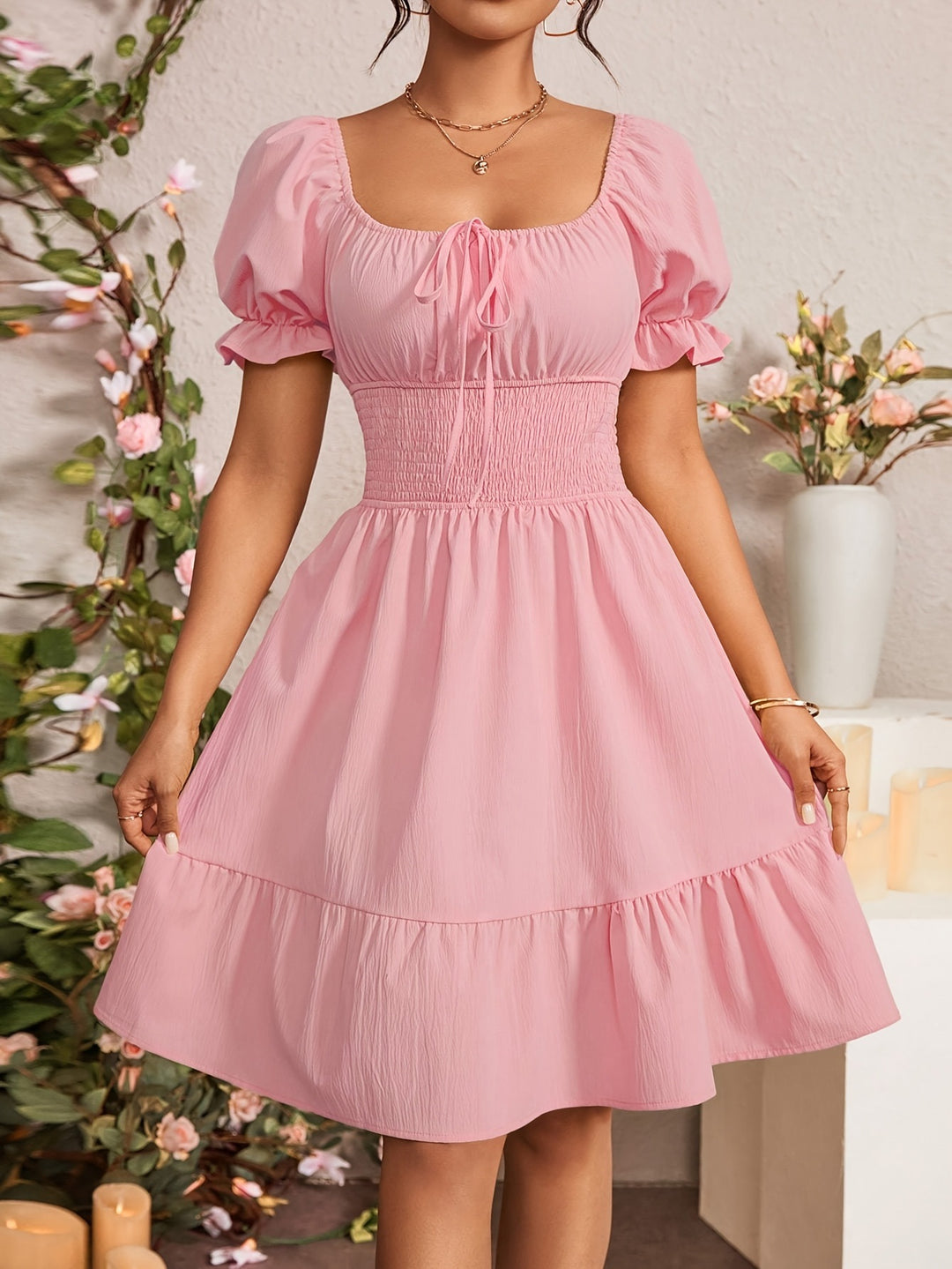 Damen Puffärmel Kleid mit elastischem Tailleneinsatz und Rüschensaum Heidi-Mode