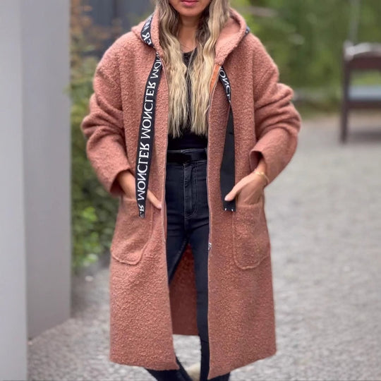 Damen Modischer Oversized-Fleece-Mantel mit praktischen Taschen und Kapuze Heidi-Mode