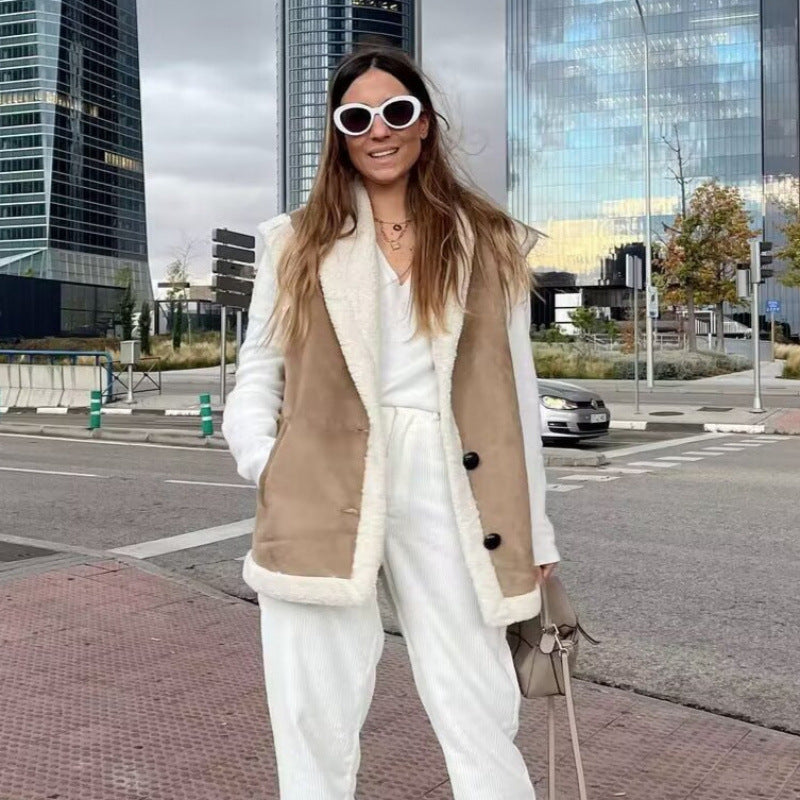 Damen warme Fleece-Weste mit klassischem Kragen und praktischen Taschen Heidi-Mode