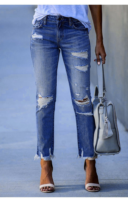 Damen Ripped High-Waist Jeans mit fransigem Saum und modischen Destroyed-Details Heidi-Mode
