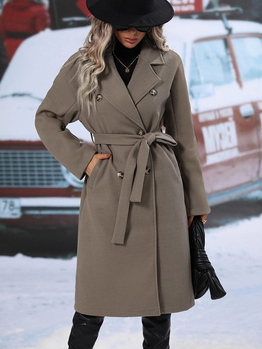 Damen Eleganter Trenchcoat mit Taillengürtel und doppelt gelegten Knöpfen Heidi-Mode