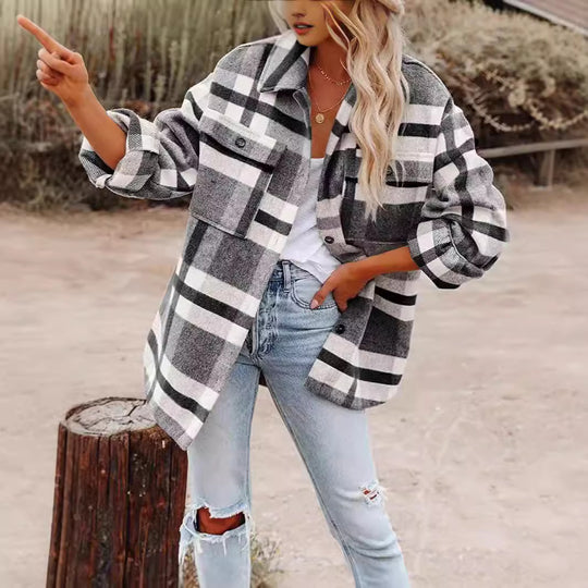 Damen Karierte Flanellhemdjacke mit lockerer Passform und praktischen Taschen Heidi-Mode