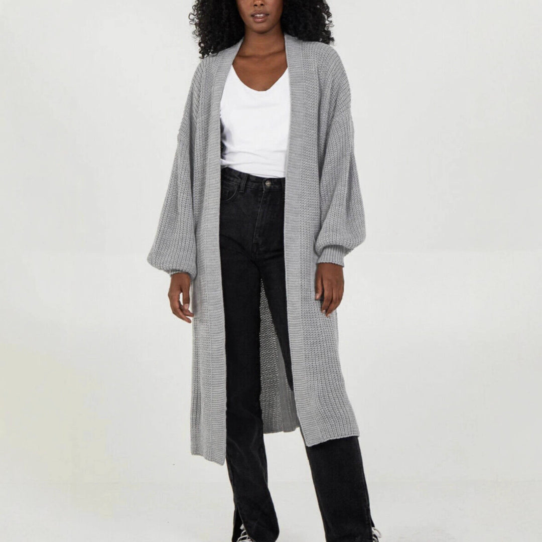Damen Langer Strickcardigan mit voluminösen Ärmeln und offenem Schnitt Heidi-Mode