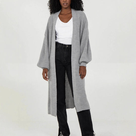 Damen Langer Strickcardigan mit voluminösen Ärmeln und offenem Schnitt Heidi-Mode
