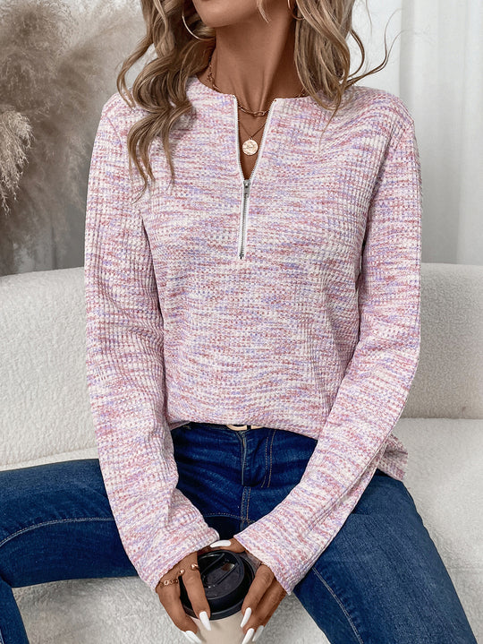 Damen leichter Pullover mit halbem Reißverschluss und strukturierter Oberfläche Heidi-Mode