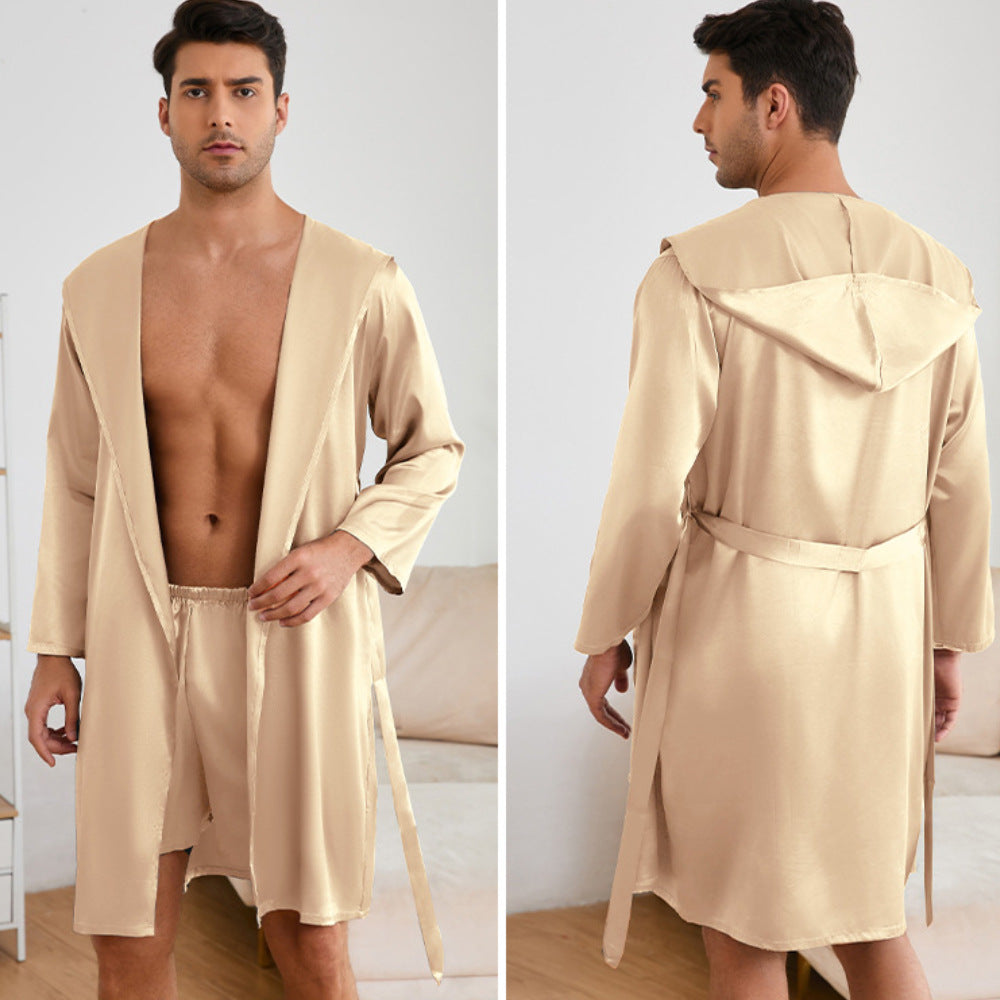 Herren Satin Bademantel mit praktischem Kapuzen-Design Heidi-Mode